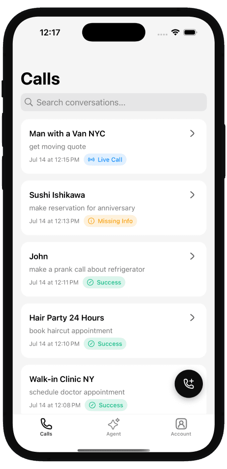 Piper app screenshot showing calls interface